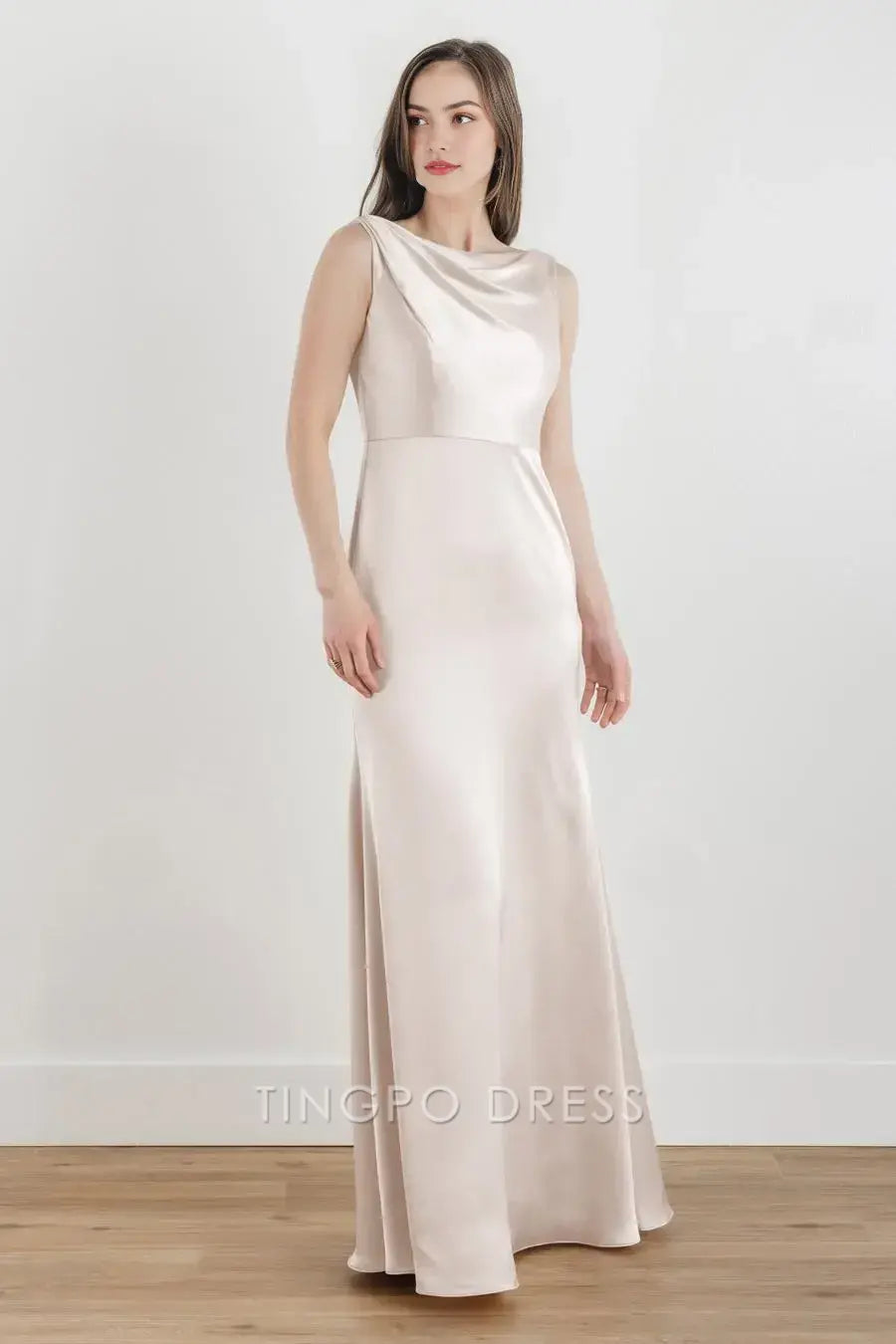 TingPo Wholesale Elegant Blush Satin Cowl Neck Dress - Sleeveless Bodycon Evening Gown